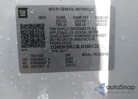 2020 Chevrolet Tahoe 4Wd Lt z USA, uszkodzony, nr VIN 1GNSKBKC8LR169132